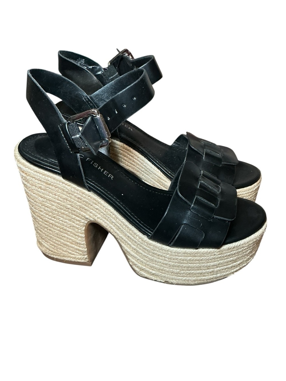 Black Leather Platform Espadrille Sandals - Picture 1 of 9
